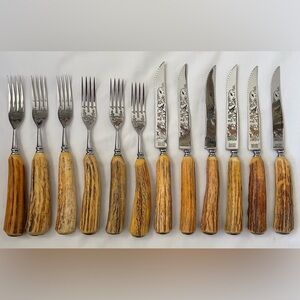 Solingen Anton Wingen 12 Piece Knife & Fork Set - Etched Scene Stag Handles